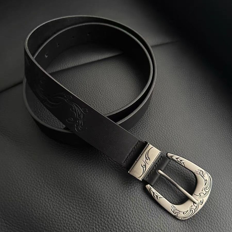 Vintage Scroll Engraved Leather Belt Western Floral Pin Buckle Unisex