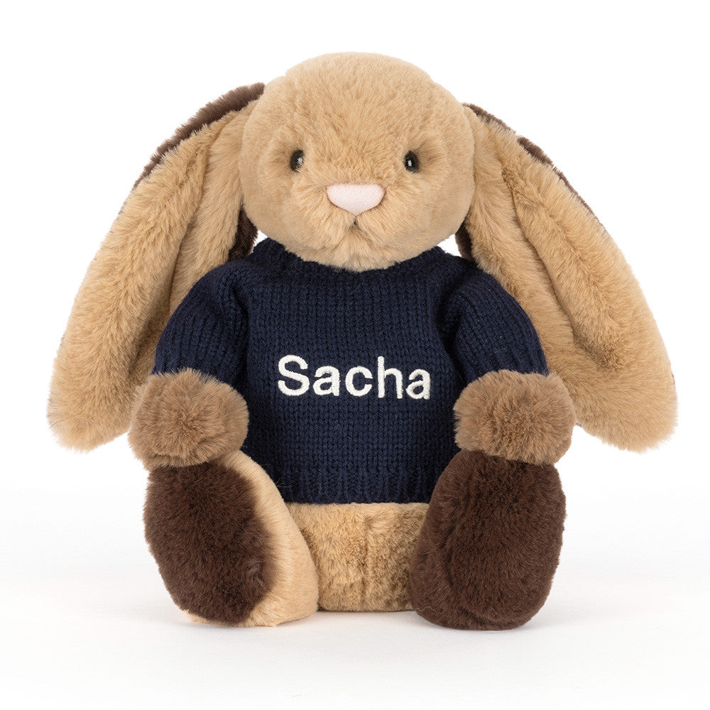 Bashful Patchwork Brown Bunny with Personalized Navy Jumper