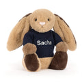 Bashful Patchwork Brown Bunny with Personalized Navy Jumper