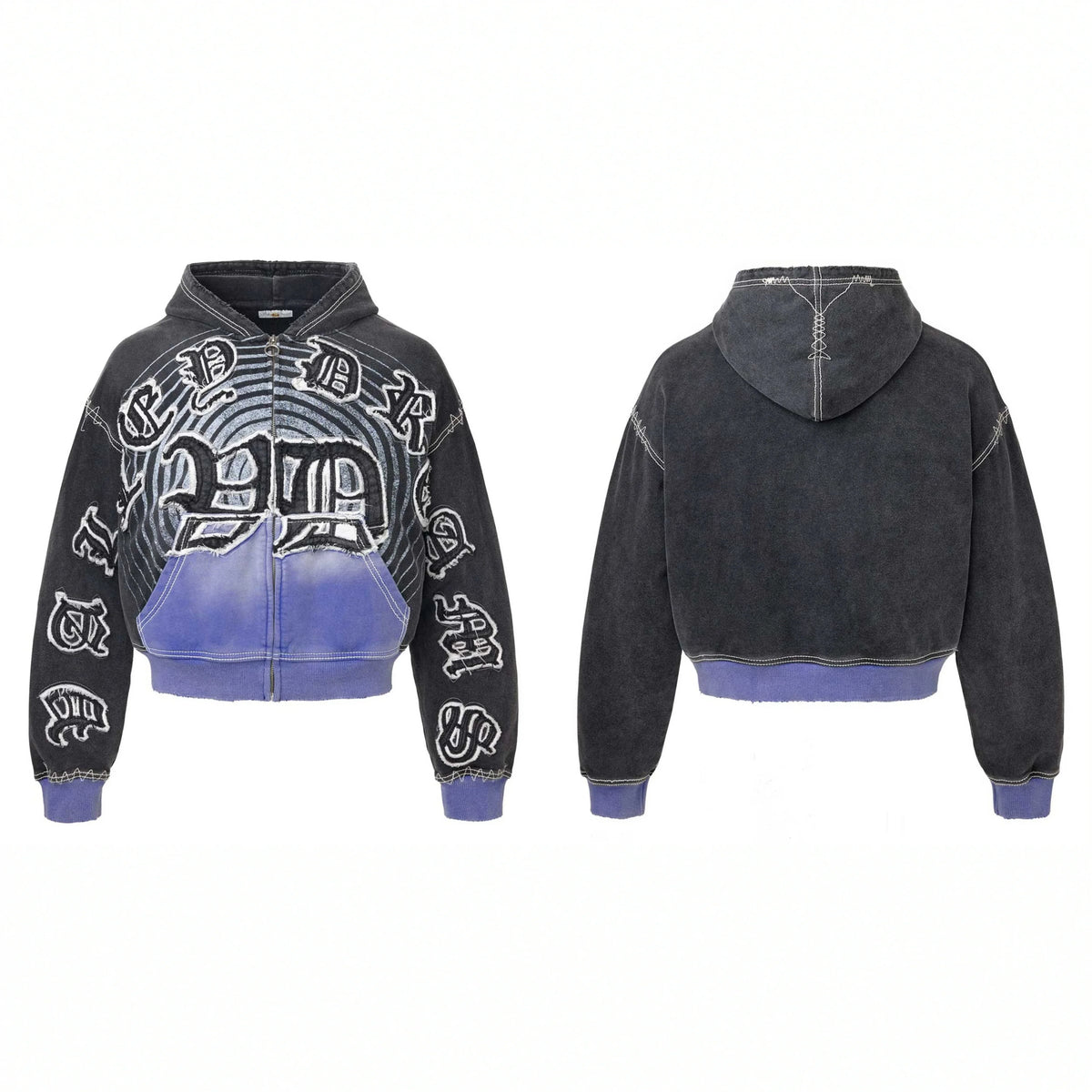 Vale Forever Gothic Letter Scatter Zip Hoodie — Charcoal / Purple