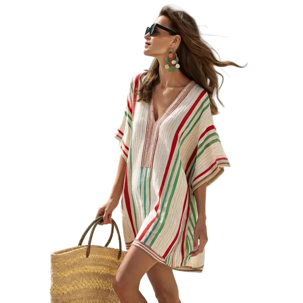 Women's Boho Striped-Trim V-Neck Short Kaftan Dress