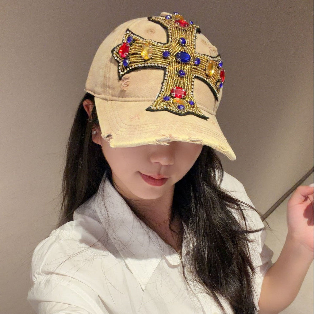 Rhinestone Cross Beaded Distressed Baseball Cap Streetwear Multi‑Style