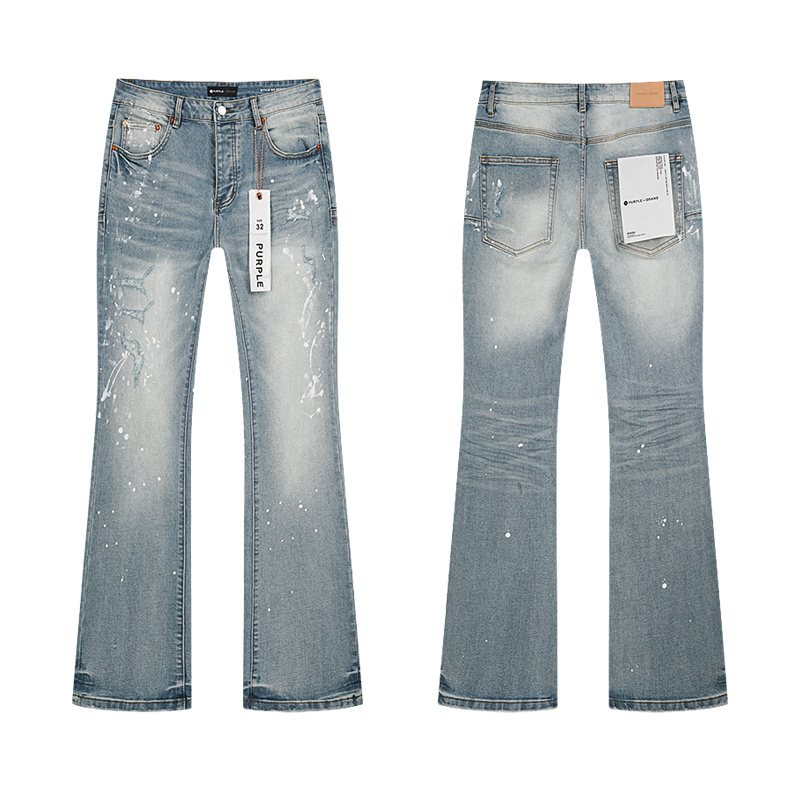 Purple Brand Light Blue Paint-Splatter Distressed Flared Jeans