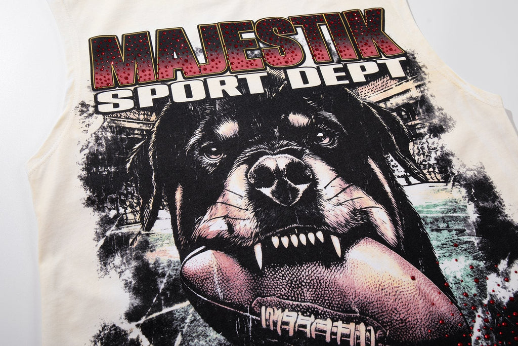 MAJESTIK Cream Distressed Rhinestone Sleeveless T-Shirt