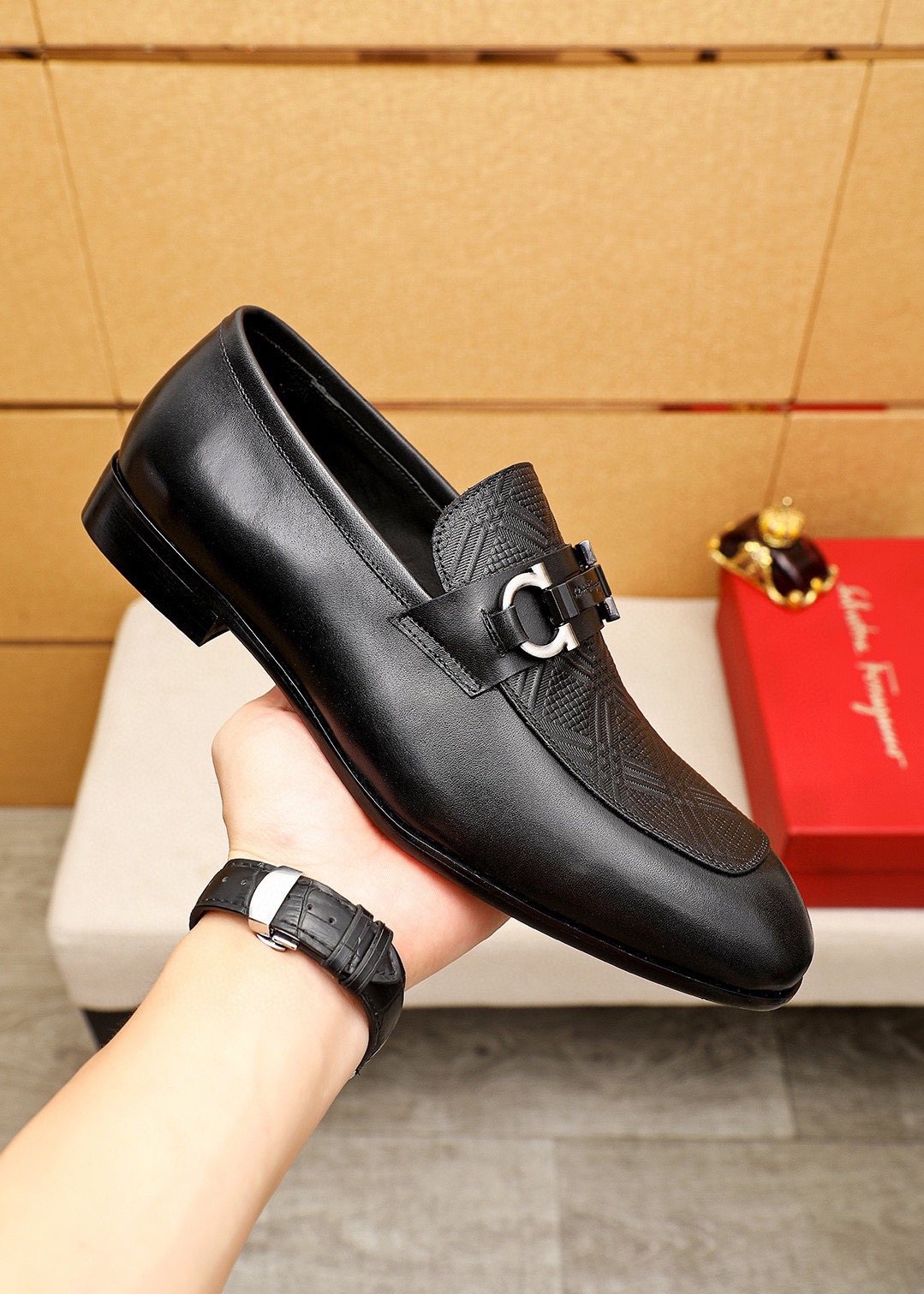 Ferragamo Men's Black Embossed Buckle Loafers - Rubber Sole