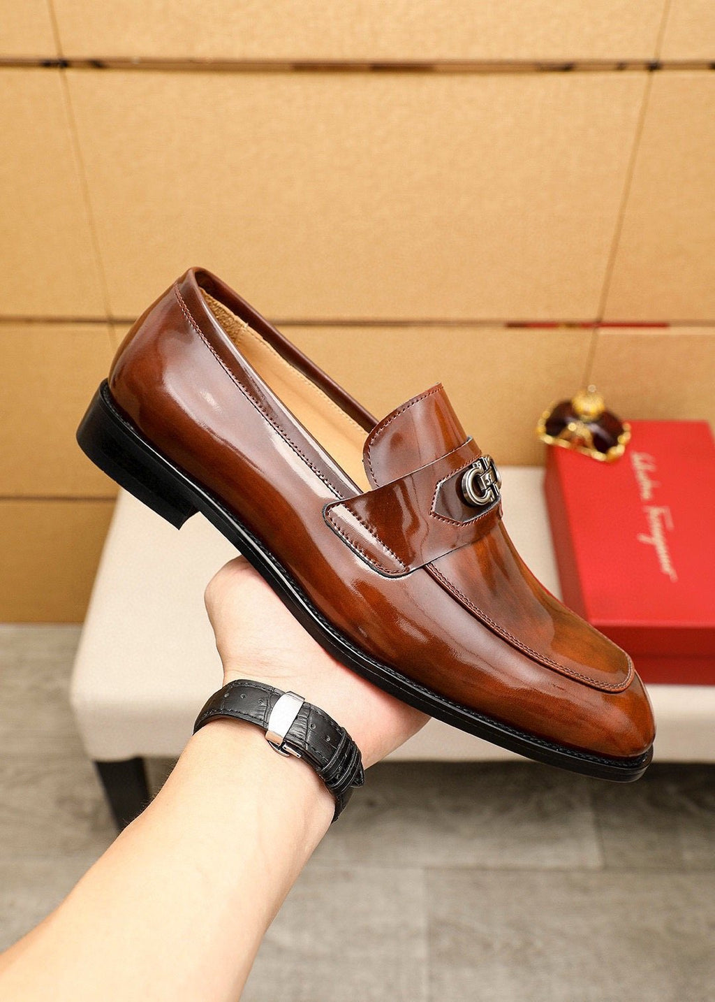 Ferragamo Brown Leather Metal-Detail Loafers