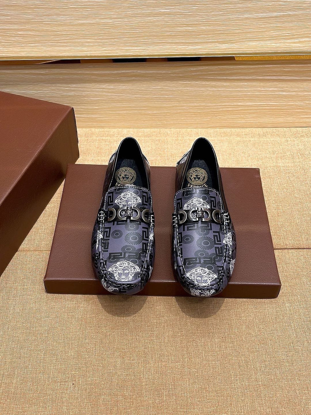Versace Black and Gray Patterned Loafers