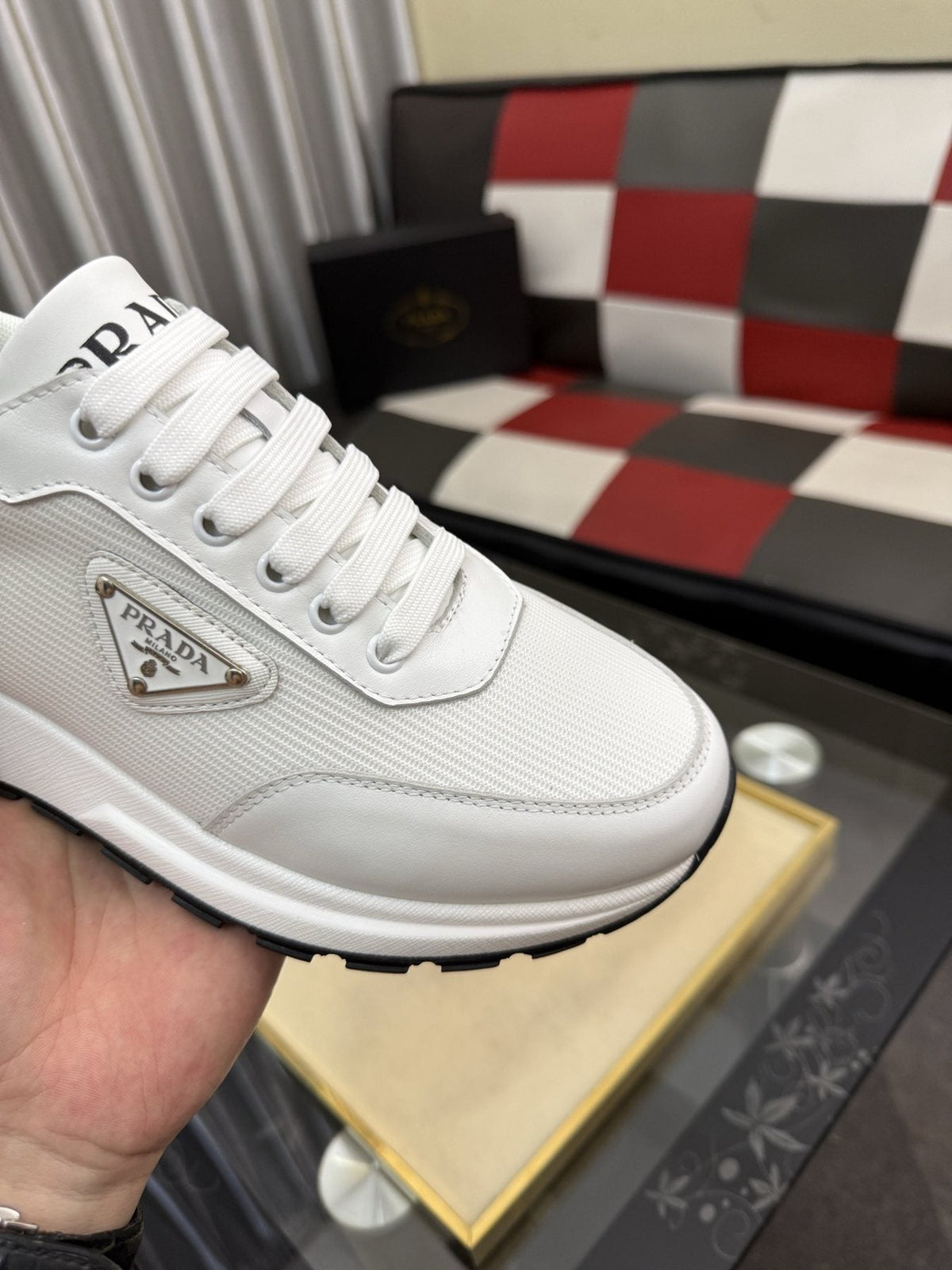 Prada Men's White Textured Low-Top Sneakers