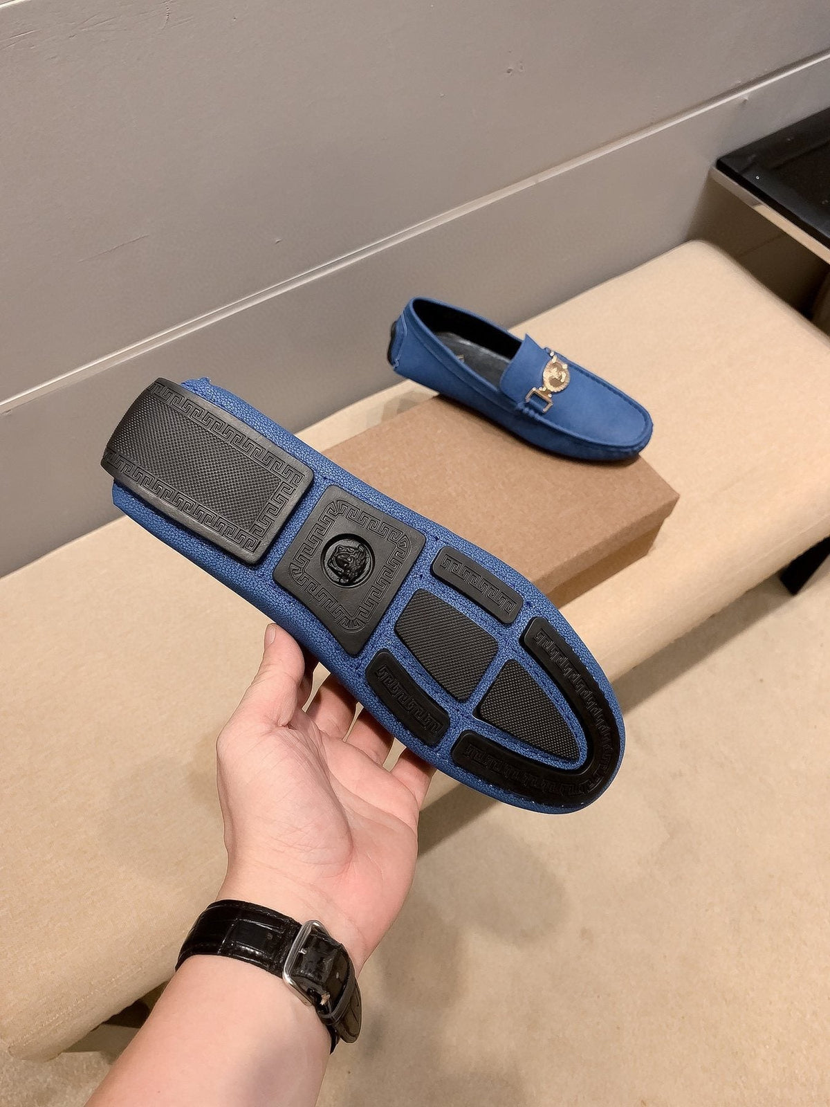 Versace Blue Gold-Hardware Loafers