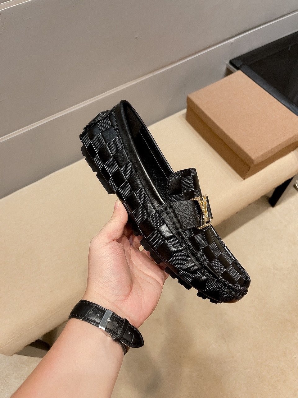 Louis Vuitton Men's Checker-Woven Buckle Loafers - Black and Dark Gray
