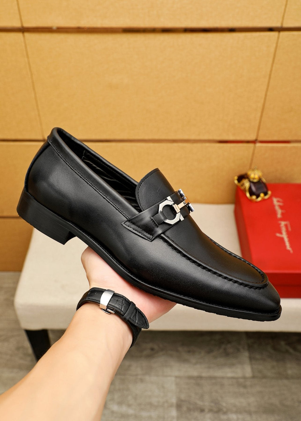 Salvatore Ferragamo Men's Black Buckle Loafers - Polished Metal Buckle Detail