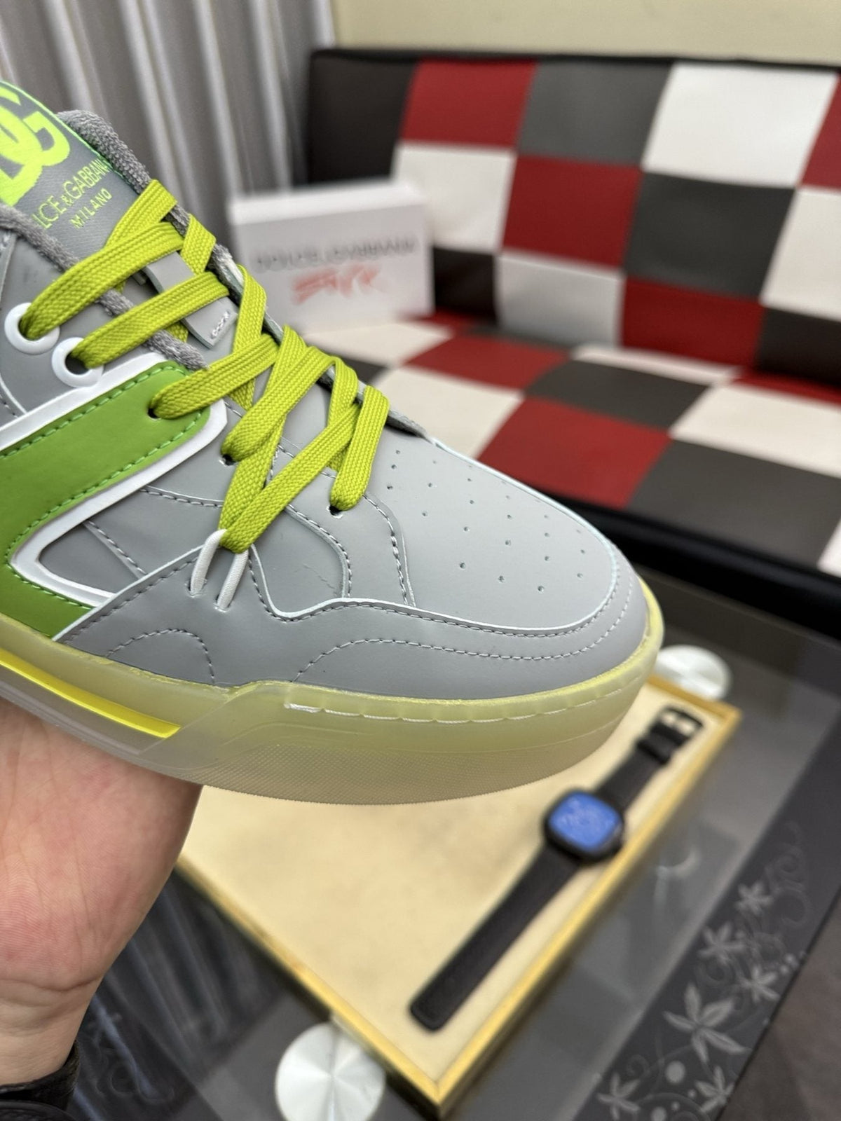 Dolce & Gabbana Lime Accent Low-Top Sneakers - Light Gray & Lime Green