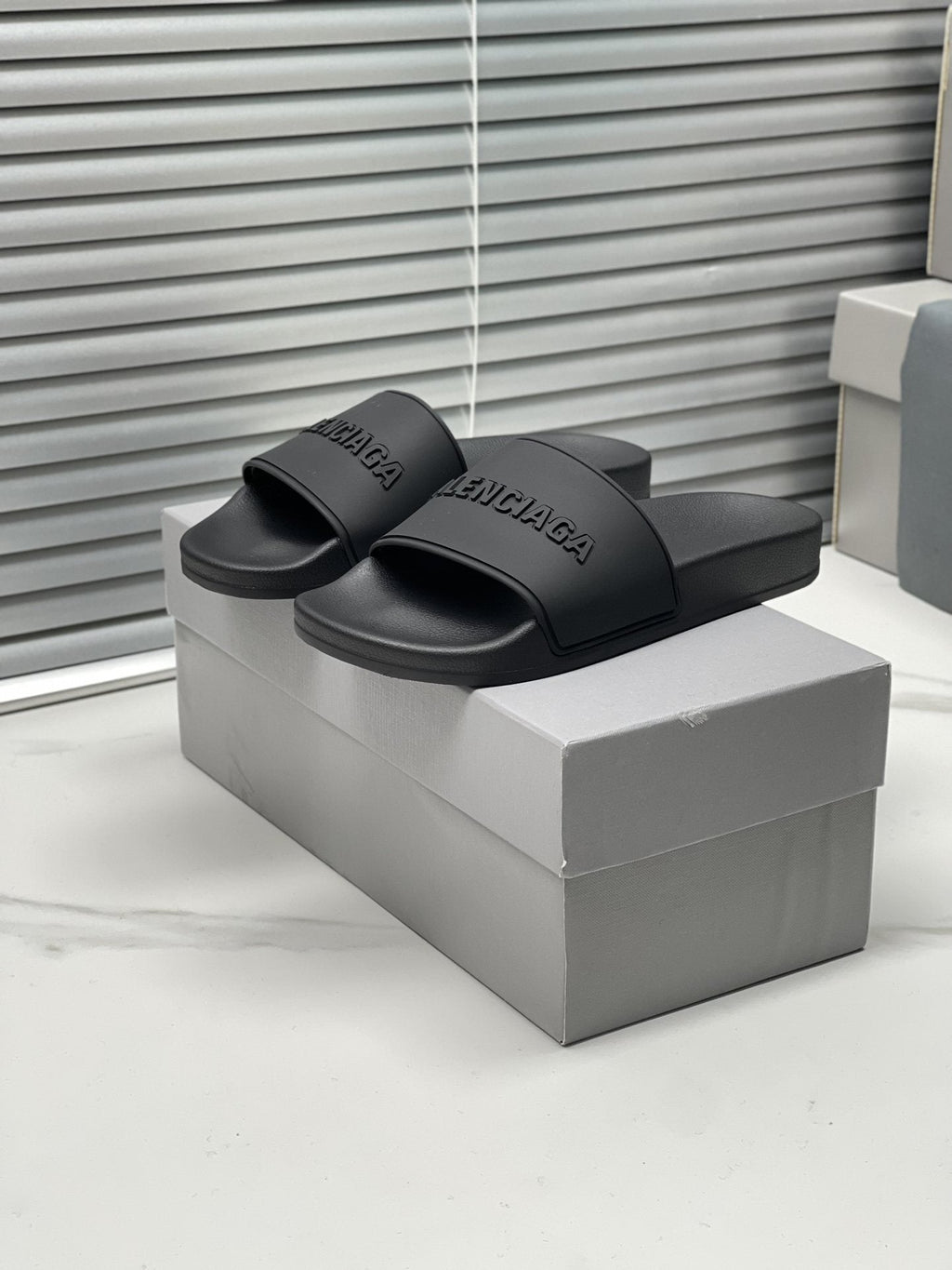Balenciaga Black Embossed Slide Sandals