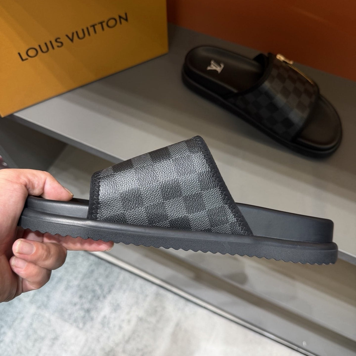 Louis Vuitton Checkered Zipper Slide Sandals