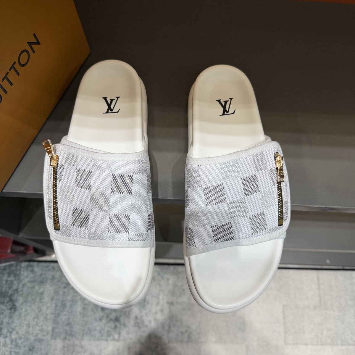 Louis Vuitton Checkered Zipper Slide Sandals