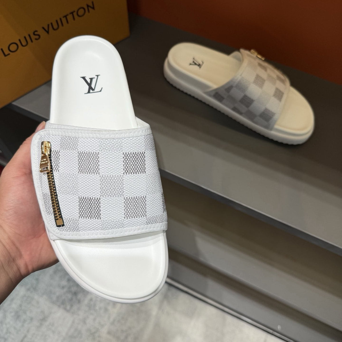 Louis Vuitton Checkered Zipper Slide Sandals