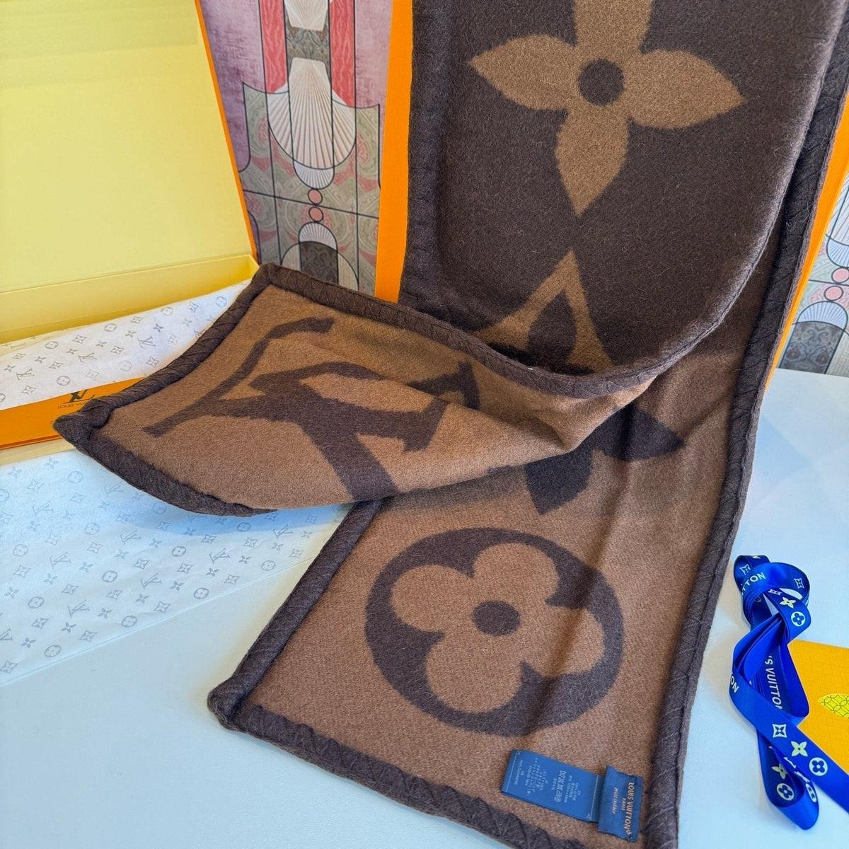 Louis Vuitton Brown and Tan Motif Scarf
