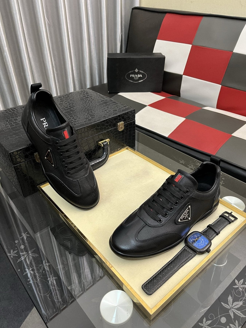 Prada Black Lace-Up Sneakers with Red Tab