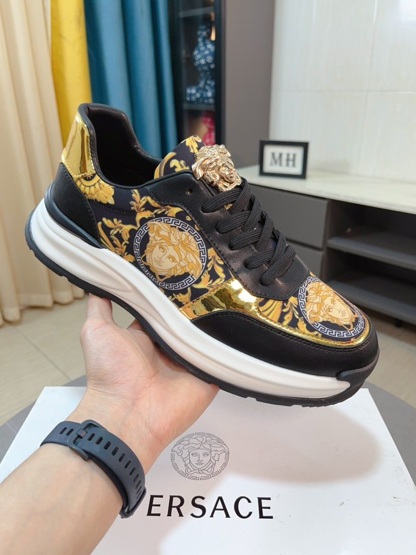 Versace Men's Gold Pattern Leather Sneakers
