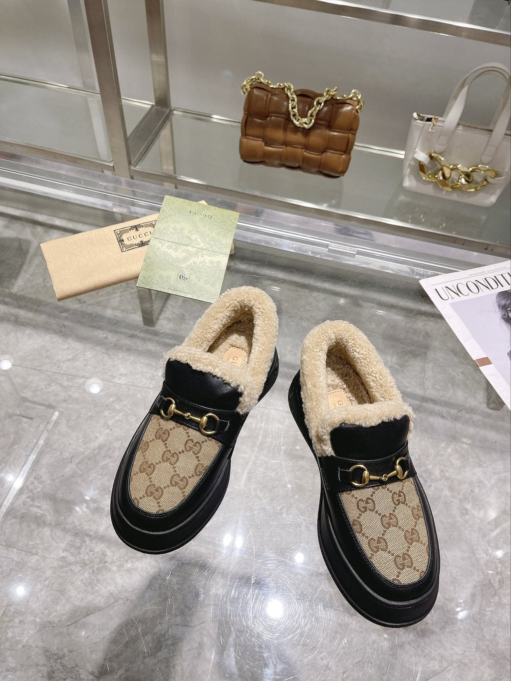 Gucci Patterned Plush-Lined Platform Slip-On Shoes