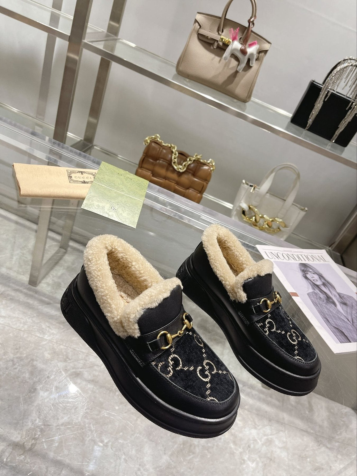 Gucci Patterned Plush-Lined Platform Slip-On Shoes