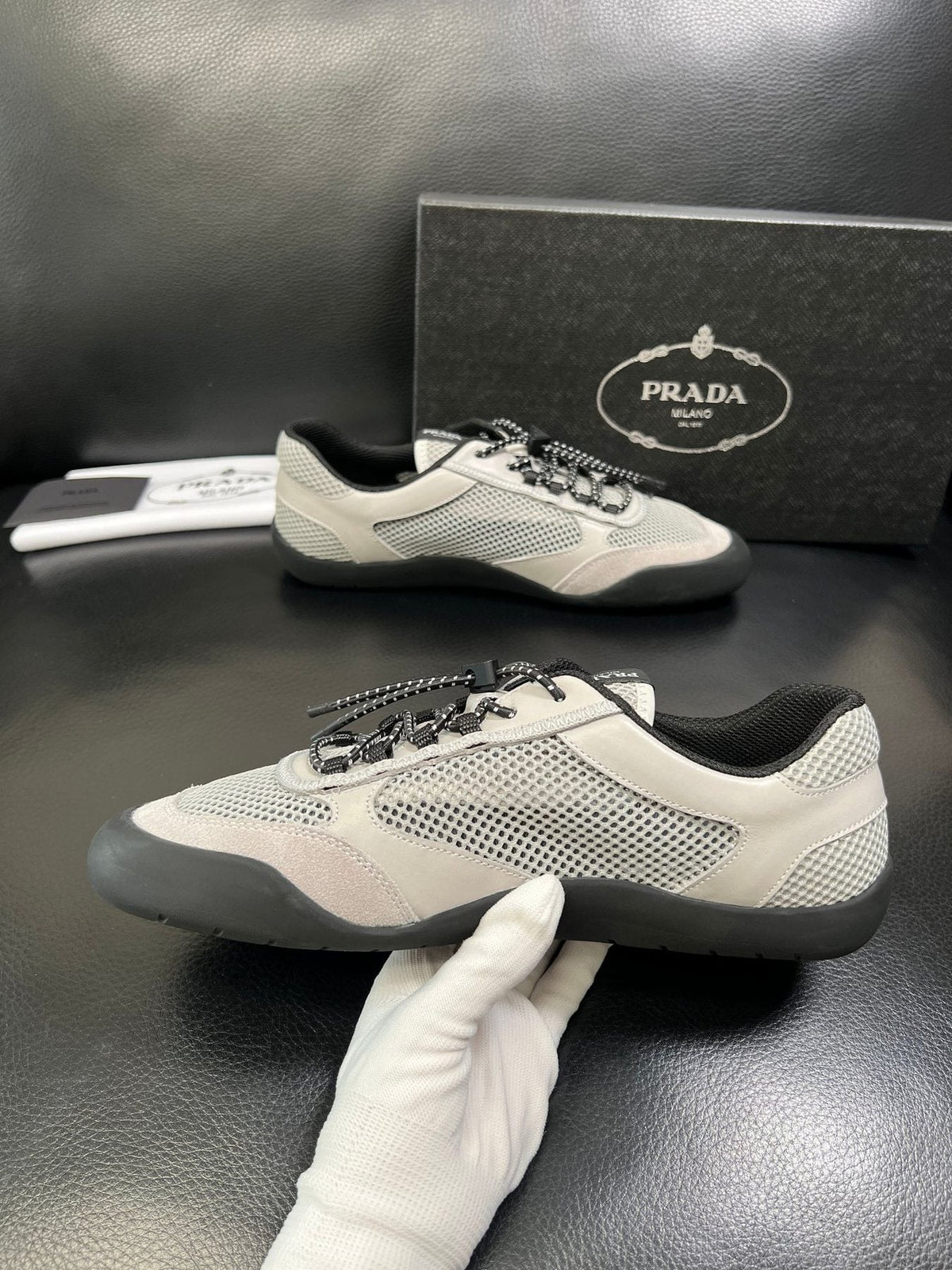 Prada White, Gray & Black Low-Top Sneakers